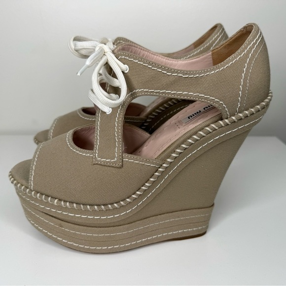 Miu Miu Beige Canvas Platform Shoes - Size 38 - Picture 3 of 7